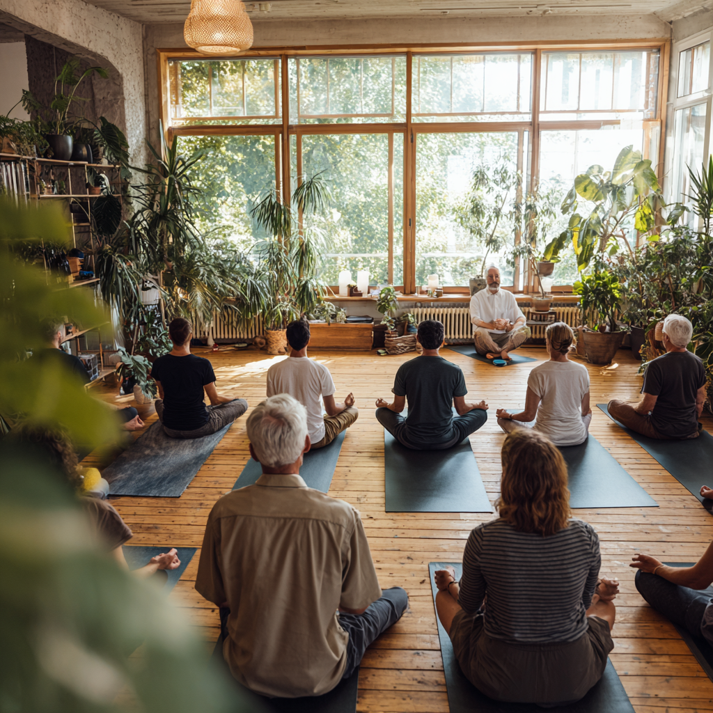 Eine vielseitige Gruppe deutscher Erwachsener verschiedener Altersgruppen praktiziert gemeinsam achtsame Yoga-Übungen in einem hellen, einladenden Studio